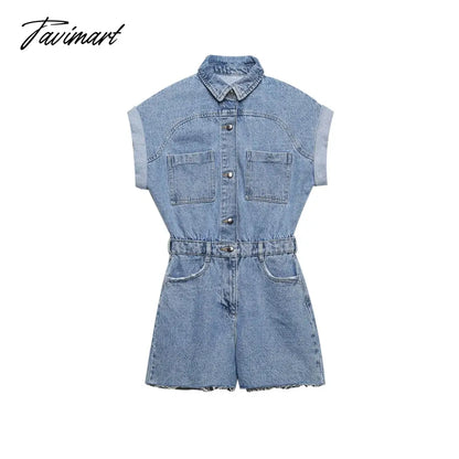 Jumpsuit Women Summer Turn Up Short Sleeve Cotton Denim Romper With Pockets Lapel Button Up Casual Jean Playsuit Shorts