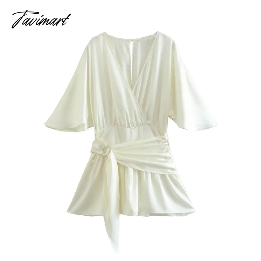 Jumpsuit Women V Neck Raglan Short Sleeve Elegant Vintage Satin Romper Button Open Back Waist Buckle Tie Playsuit Shorts