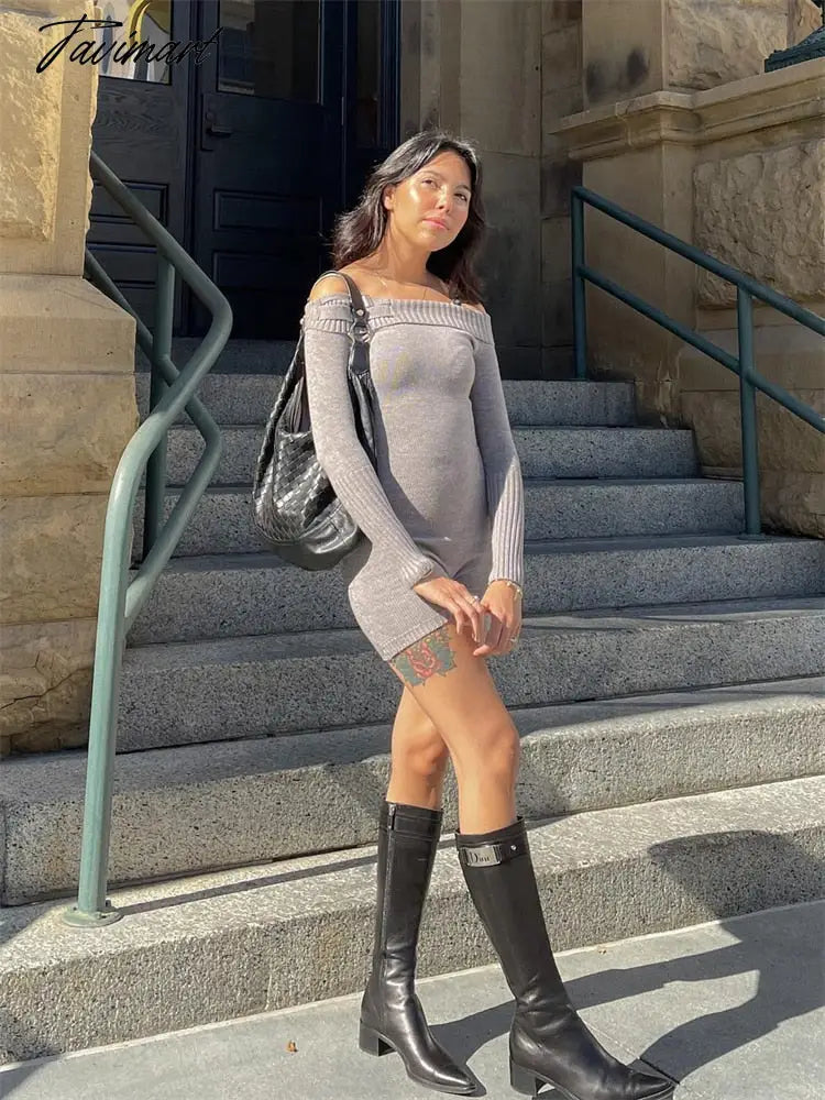 Knit Off-Shoulder Short Jumpsuit For Women Casual Summer Long Sleeve Shorts Playsuit Knitted Slim Bodycon Romper New