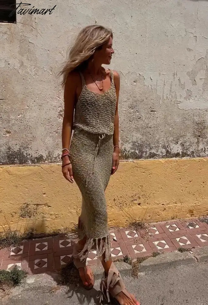 Knitted Camisole Blouse Tassel Skirts Two Piece Sets Women Sexy See Through Summer Mesh Beach Dress Suits Hollow Out Sling Tops