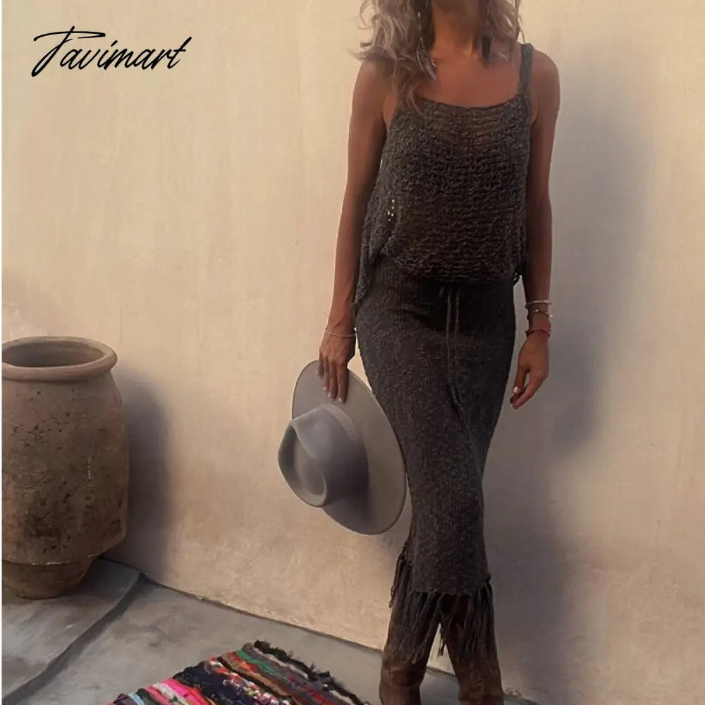 Knitted Camisole Blouse Tassel Skirts Two Piece Sets Women Sexy See Through Summer Mesh Beach Dress Suits Hollow Out Sling Tops