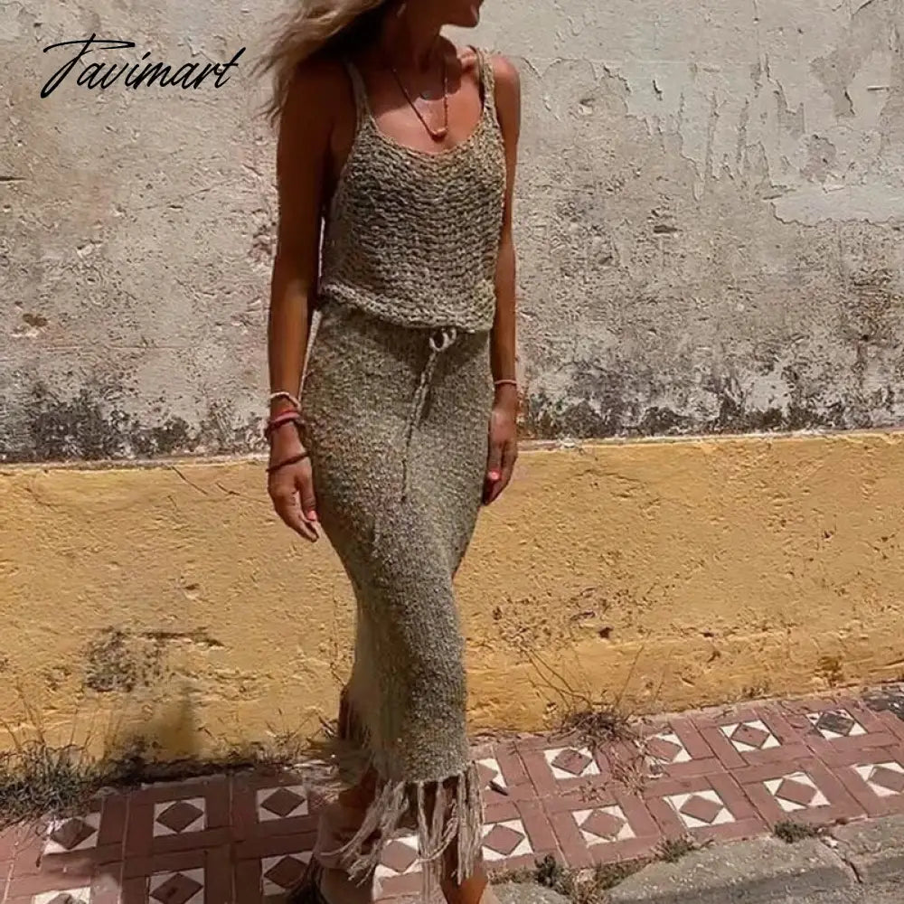 Knitted Camisole Blouse Tassel Skirts Two Piece Sets Women Sexy See Through Summer Mesh Beach Dress Suits Hollow Out Sling Tops