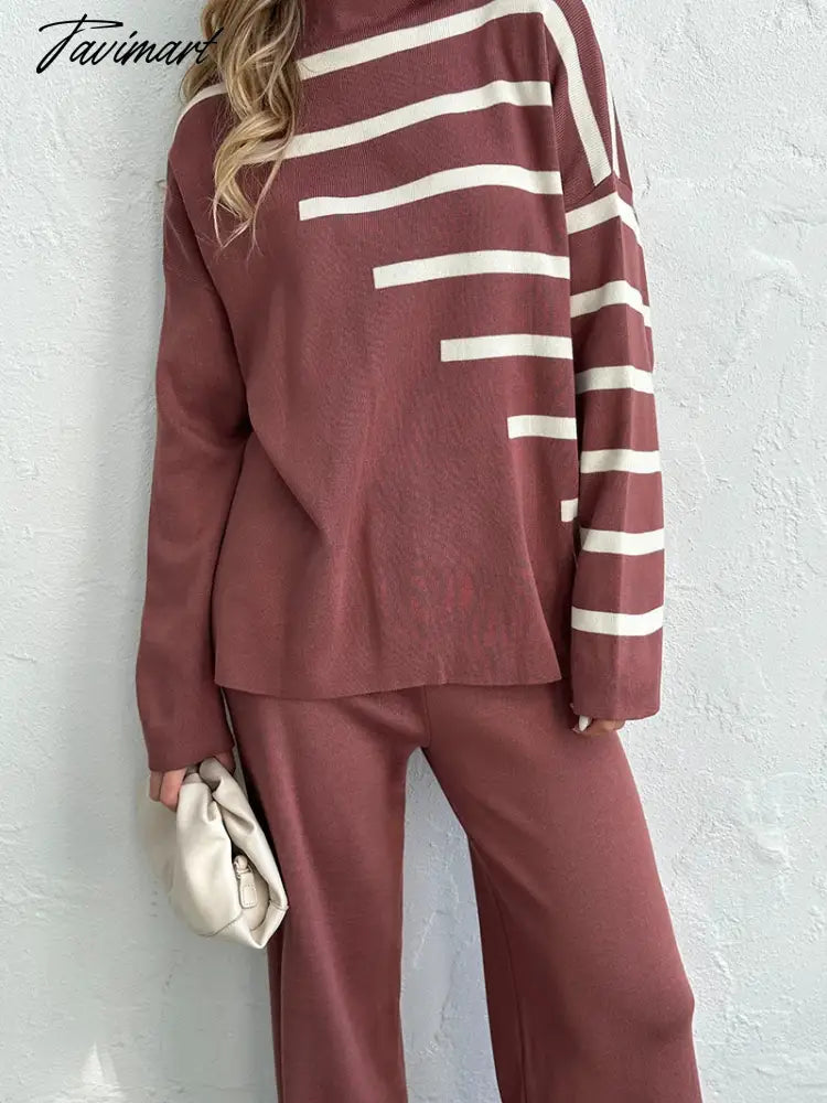 Knitted Two Piece Women Sets Long Sleeve Loungewear Knit Tracksuit Women Two Piece Set White Striped 2 Piece Set Women Outfit
