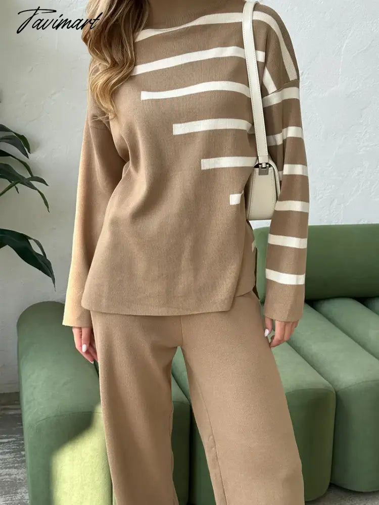 Knitted Two Piece Women Sets Long Sleeve Loungewear Knit Tracksuit Women Two Piece Set White Striped 2 Piece Set Women Outfit