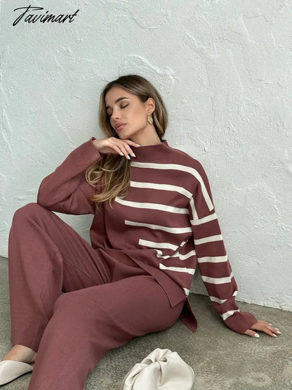 Knitted Two Piece Women Sets Long Sleeve Loungewear Knit Tracksuit Women Two Piece Set White Striped 2 Piece Set Women Outfit