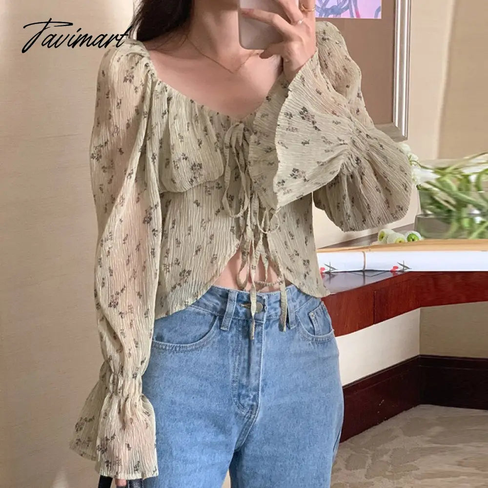 Korean Chic Elegant Lace Sweet Women Blouses Vintage O Neck Long Sleeve Perspective Female Shirts OL Blusas Mujer