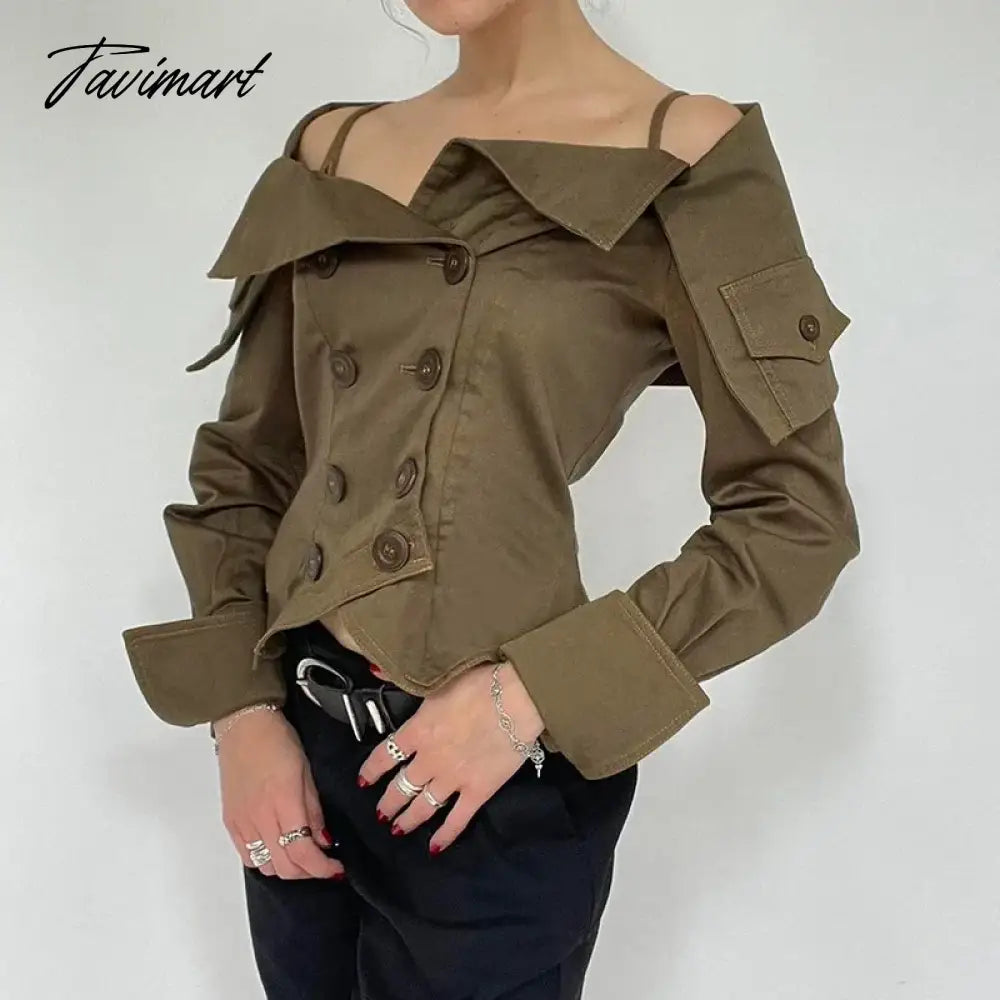 Korean Coquette Aesthetic Women Blouses Autumn Off Shoulder Top Buttons Draped Cropped Shirt Cardigan Khaki Party
