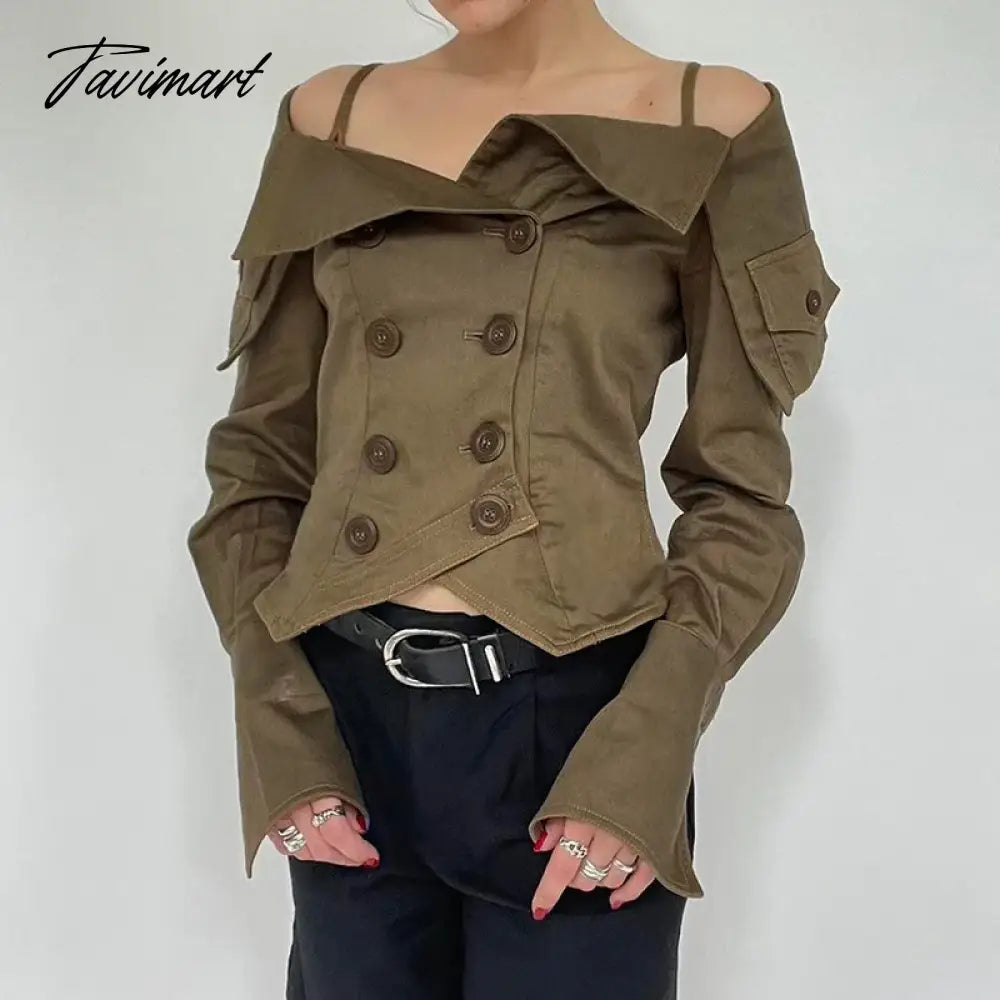 Korean Coquette Aesthetic Women Blouses Autumn Off Shoulder Top Buttons Draped Cropped Shirt Cardigan Khaki Party