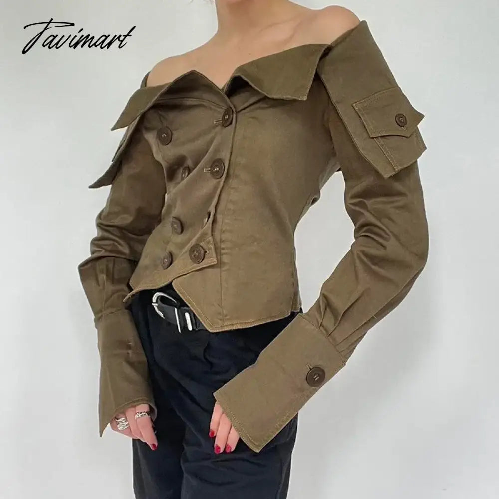 Korean Coquette Aesthetic Women Blouses Autumn Off Shoulder Top Buttons Draped Cropped Shirt Cardigan Khaki Party