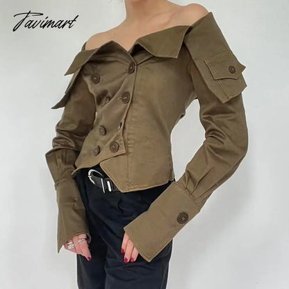 Korean Coquette Aesthetic Women Blouses Autumn Off Shoulder Top Buttons Draped Cropped Shirt Cardigan Khaki Party