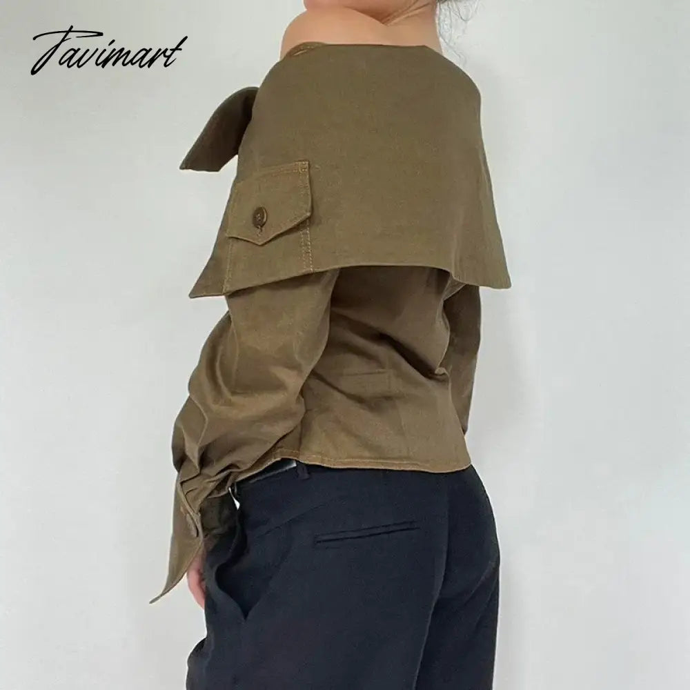 Korean Coquette Aesthetic Women Blouses Autumn Off Shoulder Top Buttons Draped Cropped Shirt Cardigan Khaki Party