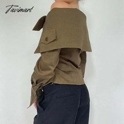 Korean Coquette Aesthetic Women Blouses Autumn Off Shoulder Top Buttons Draped Cropped Shirt Cardigan Khaki Party
