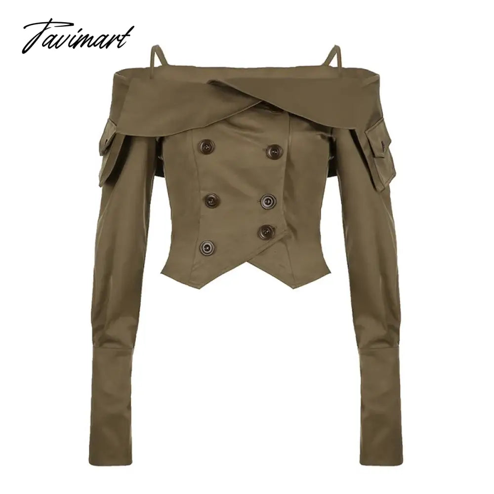 Korean Coquette Aesthetic Women Blouses Autumn Off Shoulder Top Buttons Draped Cropped Shirt Cardigan Khaki Party