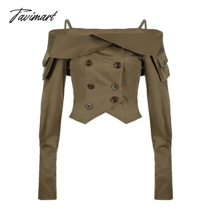 Korean Coquette Aesthetic Women Blouses Autumn Off Shoulder Top Buttons Draped Cropped Shirt Cardigan Khaki Party