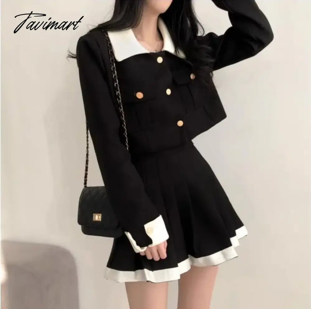 Korean Elegant Lapel Neck Long Sleeve Coat Women+ Y2k Grunge High Waist Pleated Skirts Autumn New Two Piece Sets