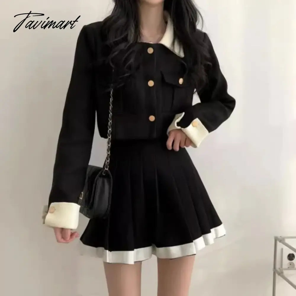 Korean Elegant Lapel Neck Long Sleeve Coat Women+ Y2k Grunge High Waist Pleated Skirts Autumn New Two Piece Sets