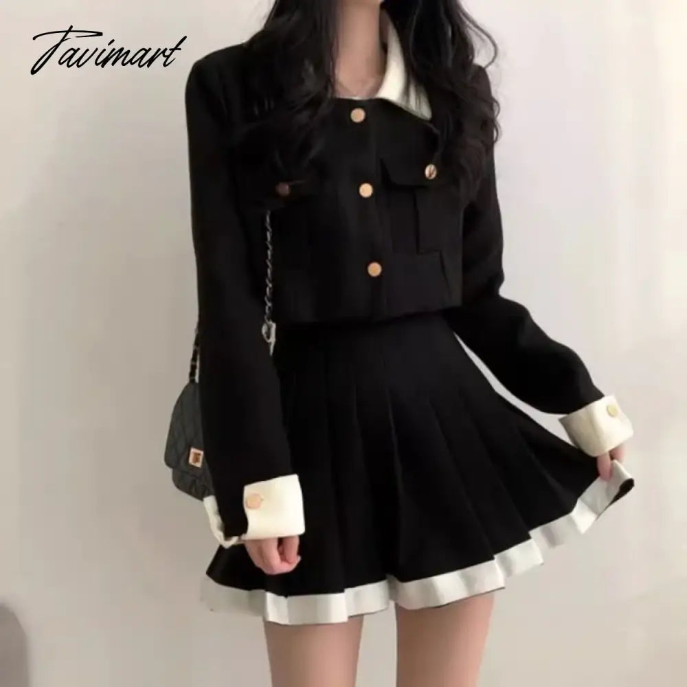 Korean Elegant Lapel Neck Long Sleeve Coat Women+ Y2k Grunge High Waist Pleated Skirts Autumn New Two Piece Sets