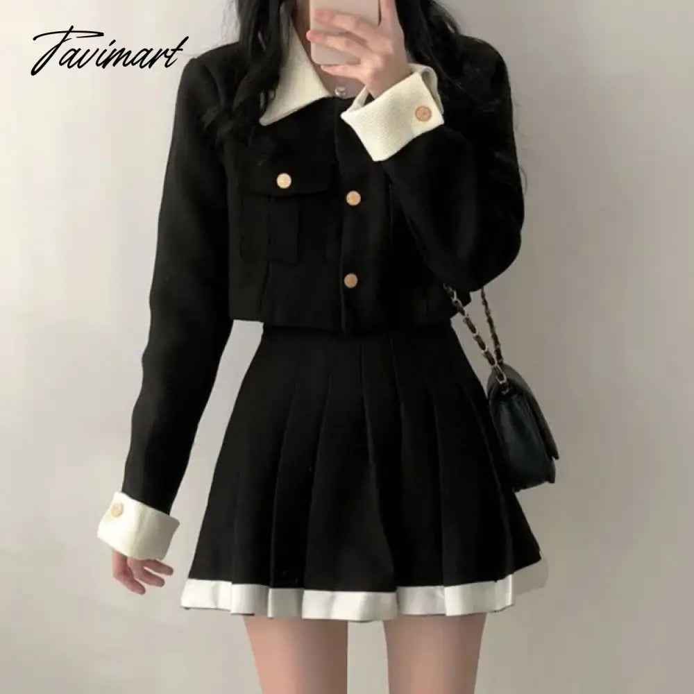 Korean Elegant Lapel Neck Long Sleeve Coat Women+ Y2k Grunge High Waist Pleated Skirts Autumn New Two Piece Sets