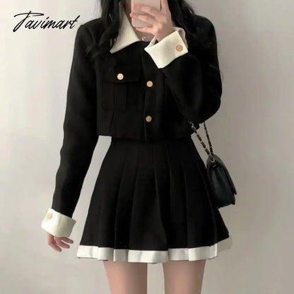Korean Elegant Lapel Neck Long Sleeve Coat Women+ Y2k Grunge High Waist Pleated Skirts Autumn New Two Piece Sets