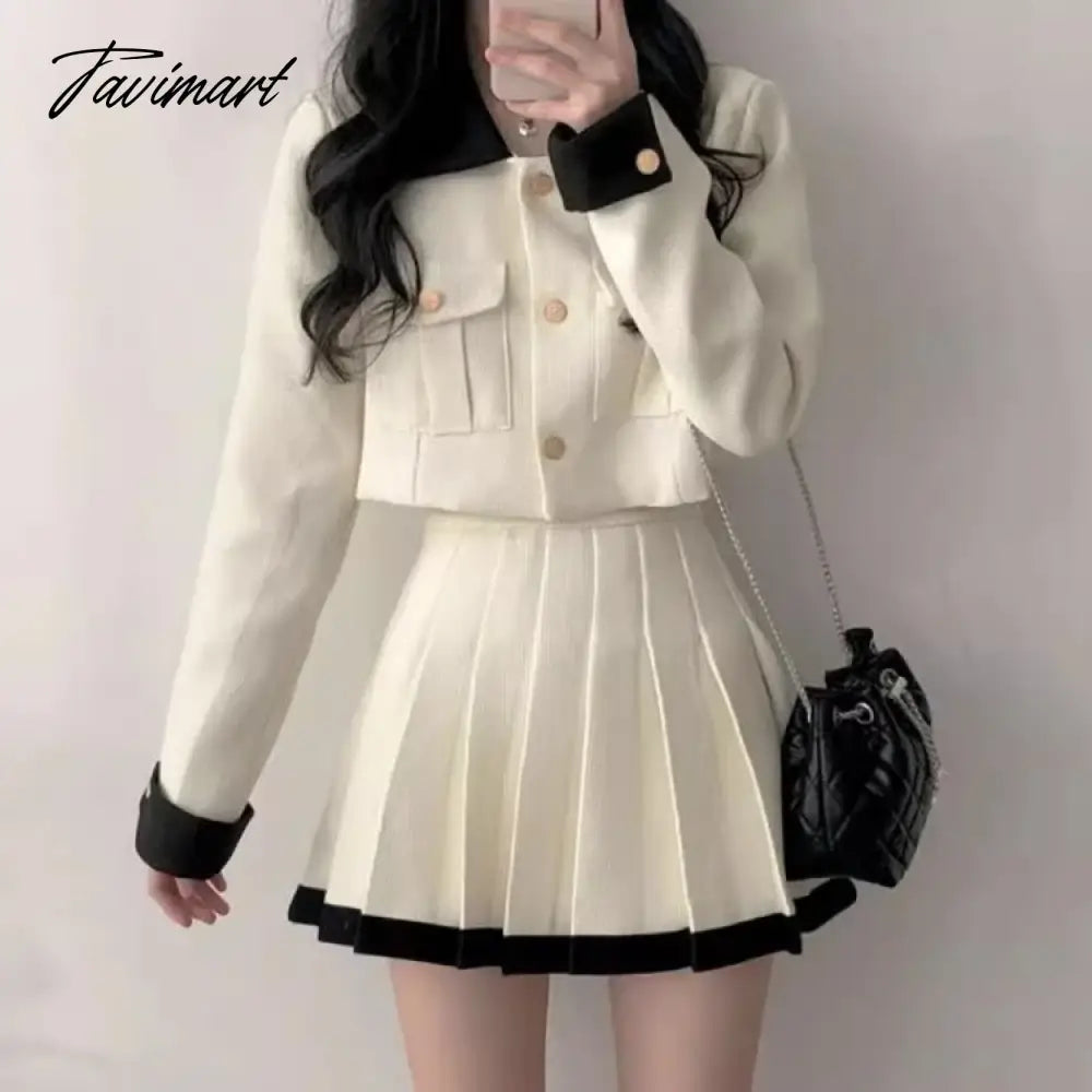 Korean Elegant Lapel Neck Long Sleeve Coat Women+ Y2k Grunge High Waist Pleated Skirts Autumn New Two Piece Sets
