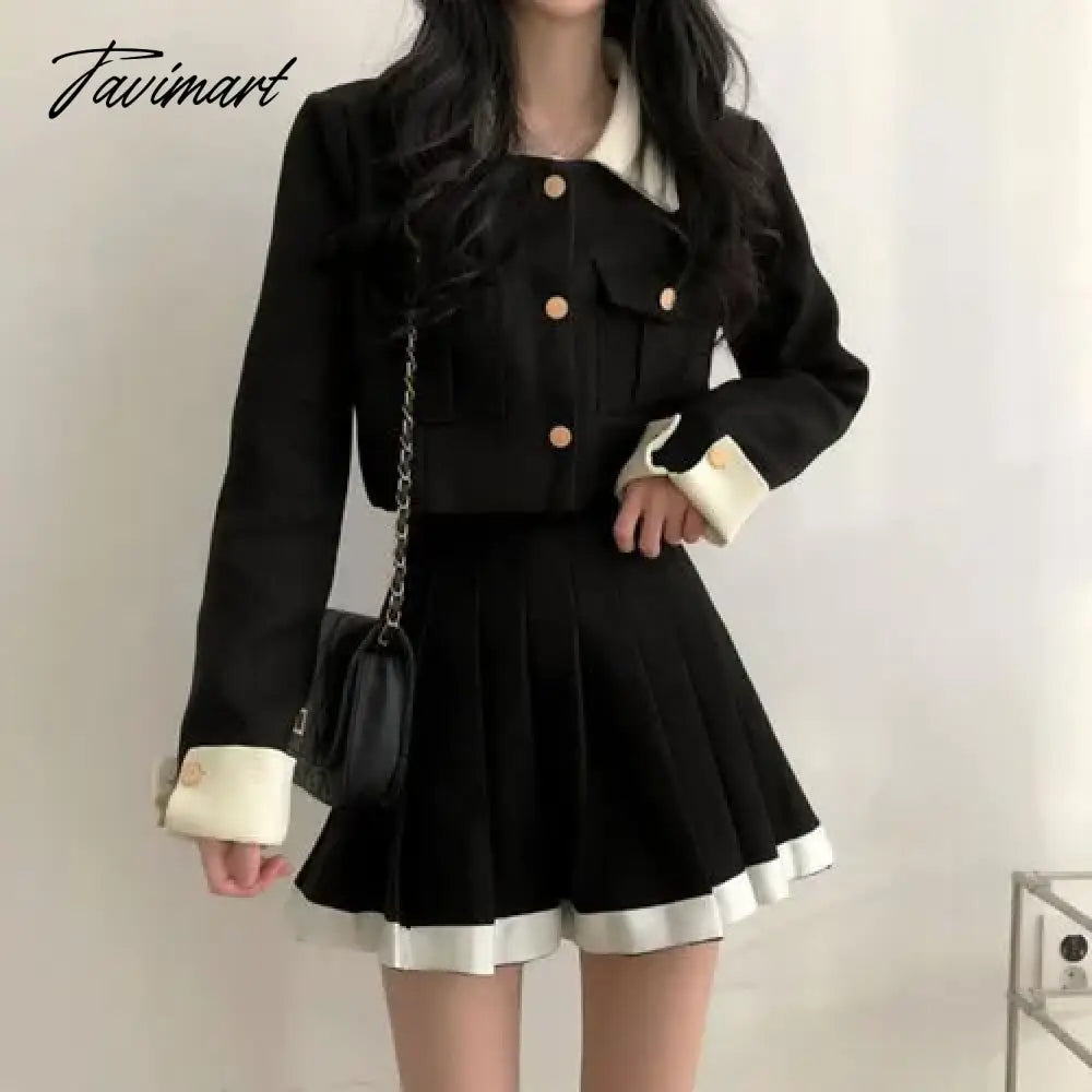 Korean Elegant Lapel Neck Long Sleeve Coat Women+ Y2k Grunge High Waist Pleated Skirts Autumn New Two Piece Sets