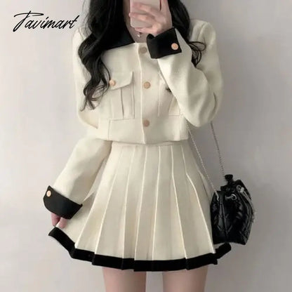 Korean Elegant Lapel Neck Long Sleeve Coat Women+ Y2k Grunge High Waist Pleated Skirts Autumn New Two Piece Sets