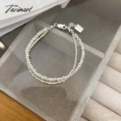 Korean Silver Color Double Layer Pearl Bracelet for Women Girl Simple Elegant Irregular Beaded Chain Bracelet Jewelry Gift