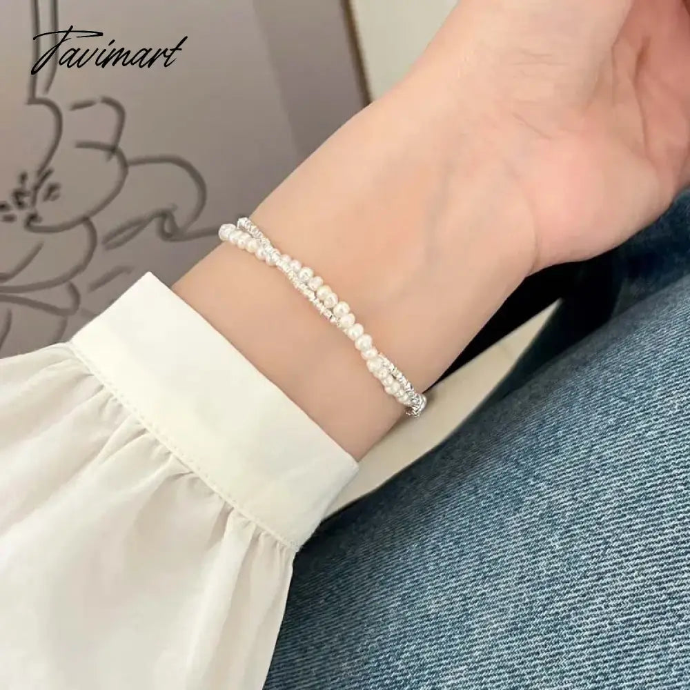 Korean Silver Color Double Layer Pearl Bracelet for Women Girl Simple Elegant Irregular Beaded Chain Bracelet Jewelry Gift