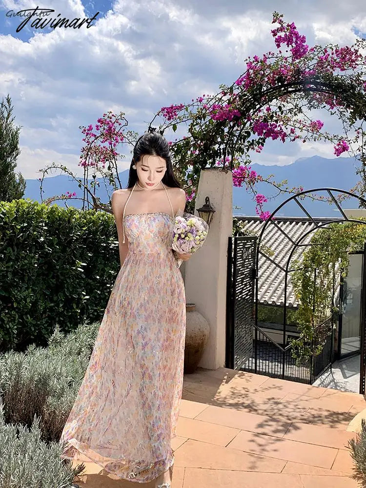 Korean Style Elegant Evening Party Fairy Dress Summer Strapless Sleeveless Off The Shoulder Long Dress Backless Beach Maxi Dress