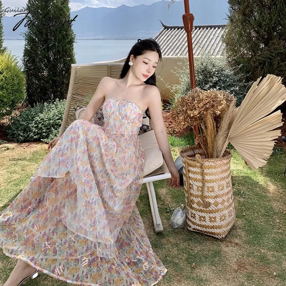 Korean Style Elegant Evening Party Fairy Dress Summer Strapless Sleeveless Off The Shoulder Long Dress Backless Beach Maxi Dress