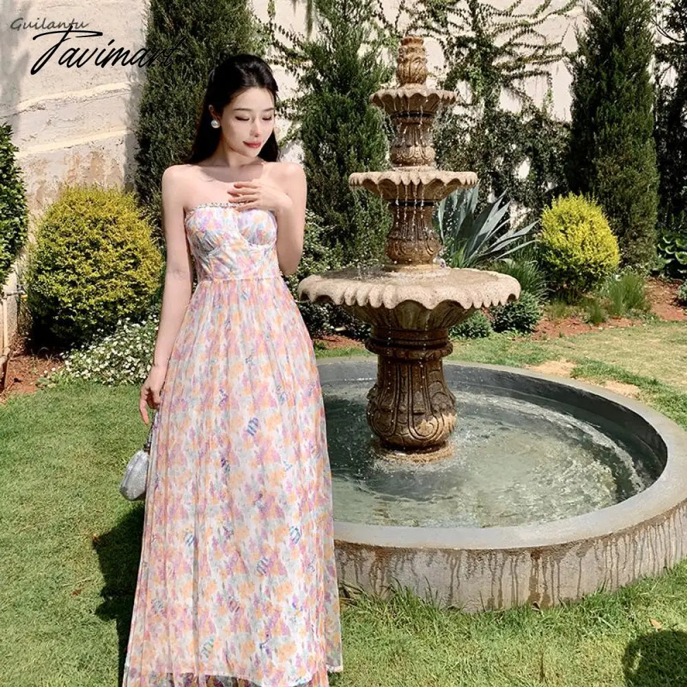 Korean Style Elegant Evening Party Fairy Dress Summer Strapless Sleeveless Off The Shoulder Long Dress Backless Beach Maxi Dress