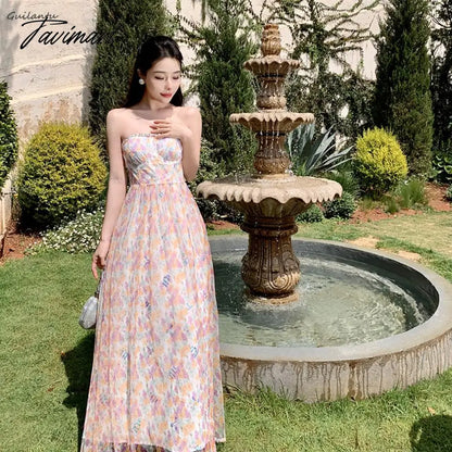 Korean Style Elegant Evening Party Fairy Dress Summer Strapless Sleeveless Off The Shoulder Long Dress Backless Beach Maxi Dress