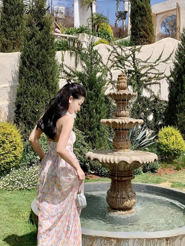 Korean Style Elegant Evening Party Fairy Dress Summer Strapless Sleeveless Off The Shoulder Long Dress Backless Beach Maxi Dress