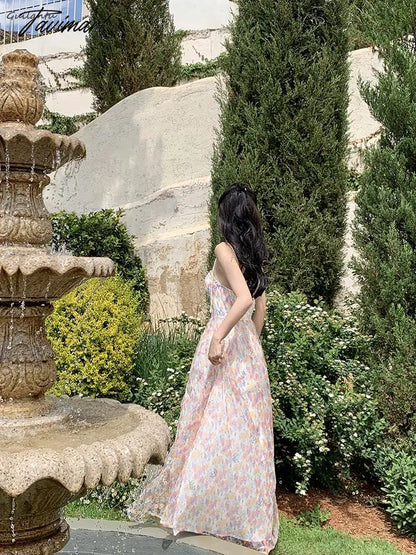 Korean Style Elegant Evening Party Fairy Dress Summer Strapless Sleeveless Off The Shoulder Long Dress Backless Beach Maxi Dress