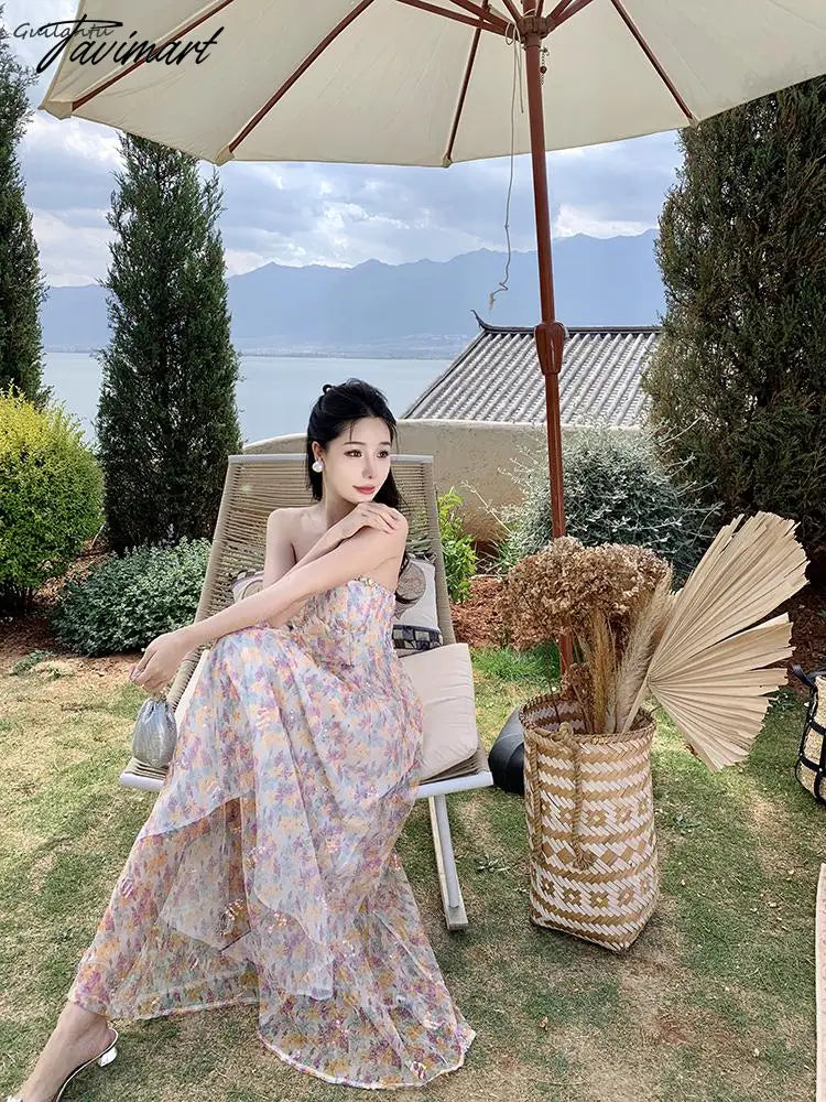 Korean Style Elegant Evening Party Fairy Dress Summer Strapless Sleeveless Off The Shoulder Long Dress Backless Beach Maxi Dress