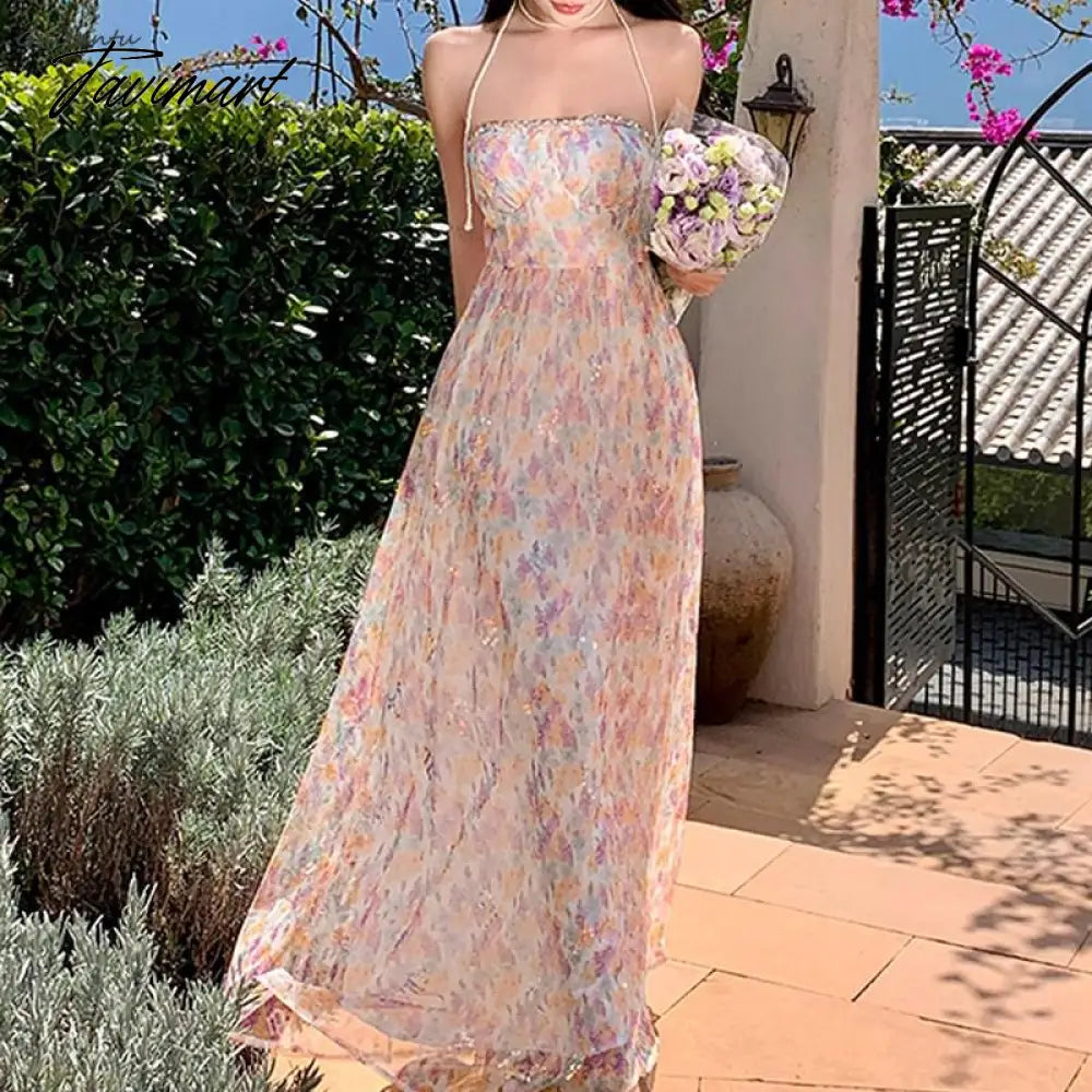 Korean Style Elegant Evening Party Fairy Dress Summer Strapless Sleeveless Off The Shoulder Long Dress Backless Beach Maxi Dress