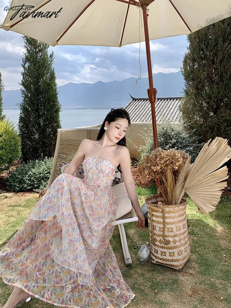 Korean Style Elegant Evening Party Fairy Dress Summer Strapless Sleeveless Off The Shoulder Long Dress Backless Beach Maxi Dress