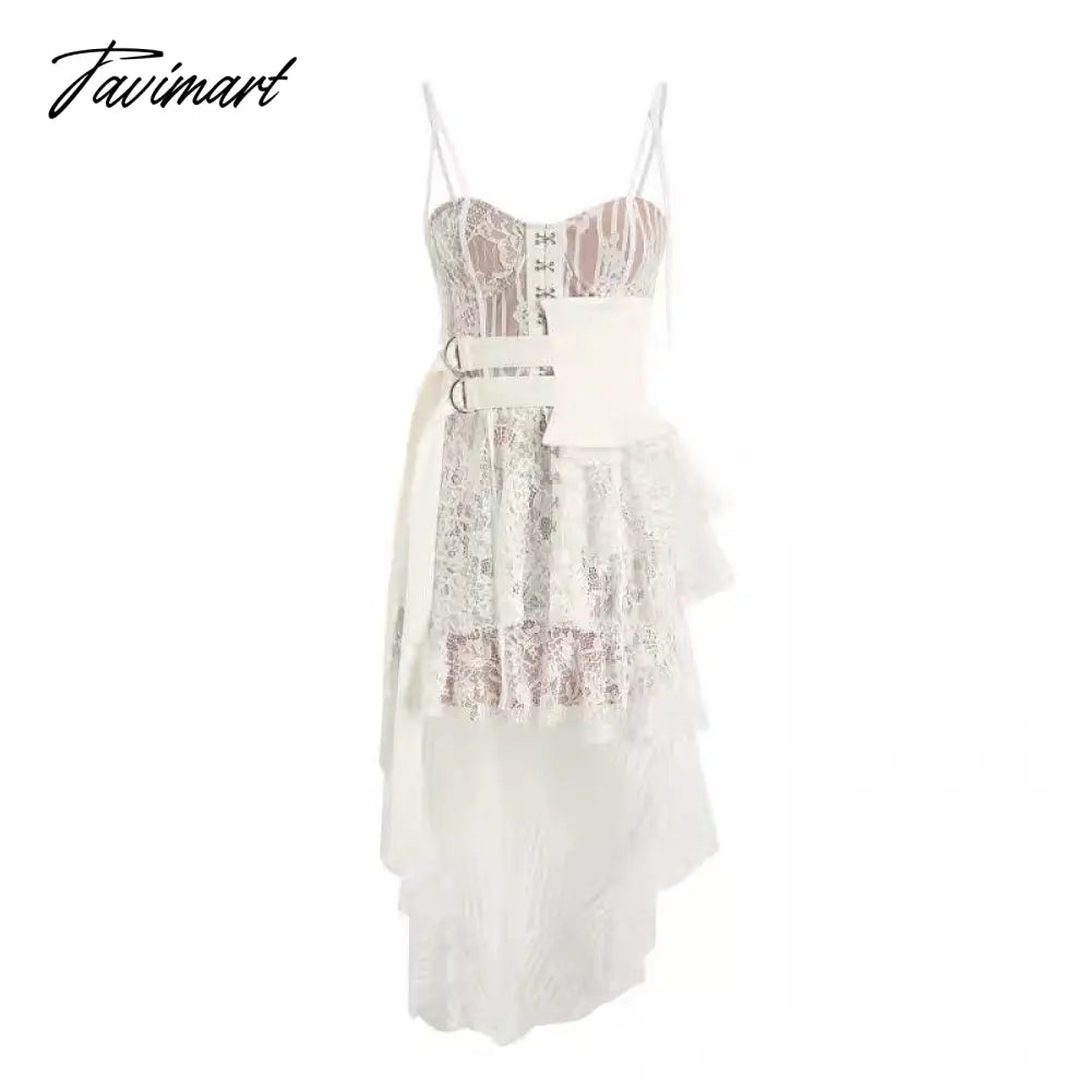 Lace High-low Sexy Summer Dress White Straps Belt Tied Women Dress D-ring Holiday Chic Ladies Party Dresses