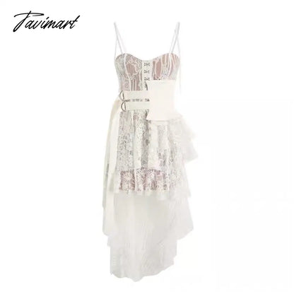 Lace High-low Sexy Summer Dress White Straps Belt Tied Women Dress D-ring Holiday Chic Ladies Party Dresses