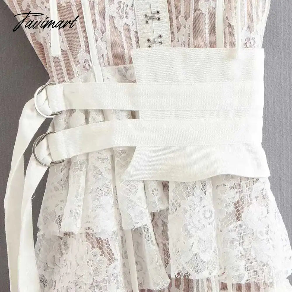 Lace High-low Sexy Summer Dress White Straps Belt Tied Women Dress D-ring Holiday Chic Ladies Party Dresses