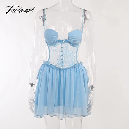 Lace Mesh Chest Cup Sling Dress For Women Summer Backless Chiffon Sexy Mini Dress Ladies Beach Party Boho Dresses