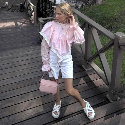 Lace Patchwork Chiffon Shirts For Women High Street Sexy Long Sleeve Hollow Out Blouse Casual Female Cute Y2k Top Shirts