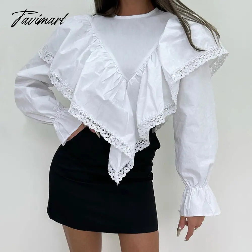Lace Patchwork Chiffon Shirts For Women High Street Sexy Long Sleeve Hollow Out Blouse Casual Female Cute Y2k Top Shirts