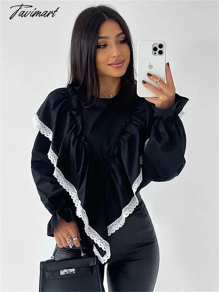Lace Patchwork Chiffon Shirts For Women High Street Sexy Long Sleeve Hollow Out Blouse Casual Female Cute Y2k Top Shirts