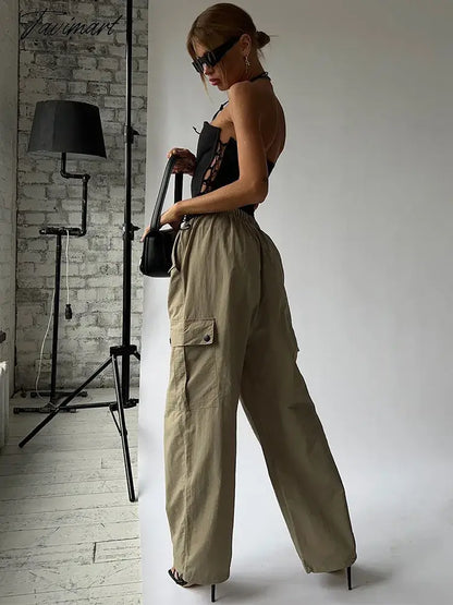 Lace Up Cargo Pants Women Summer High Waist Loose Solid Long Pant Femme Streetwear Casual Baggy Bottoms Women's Clothing