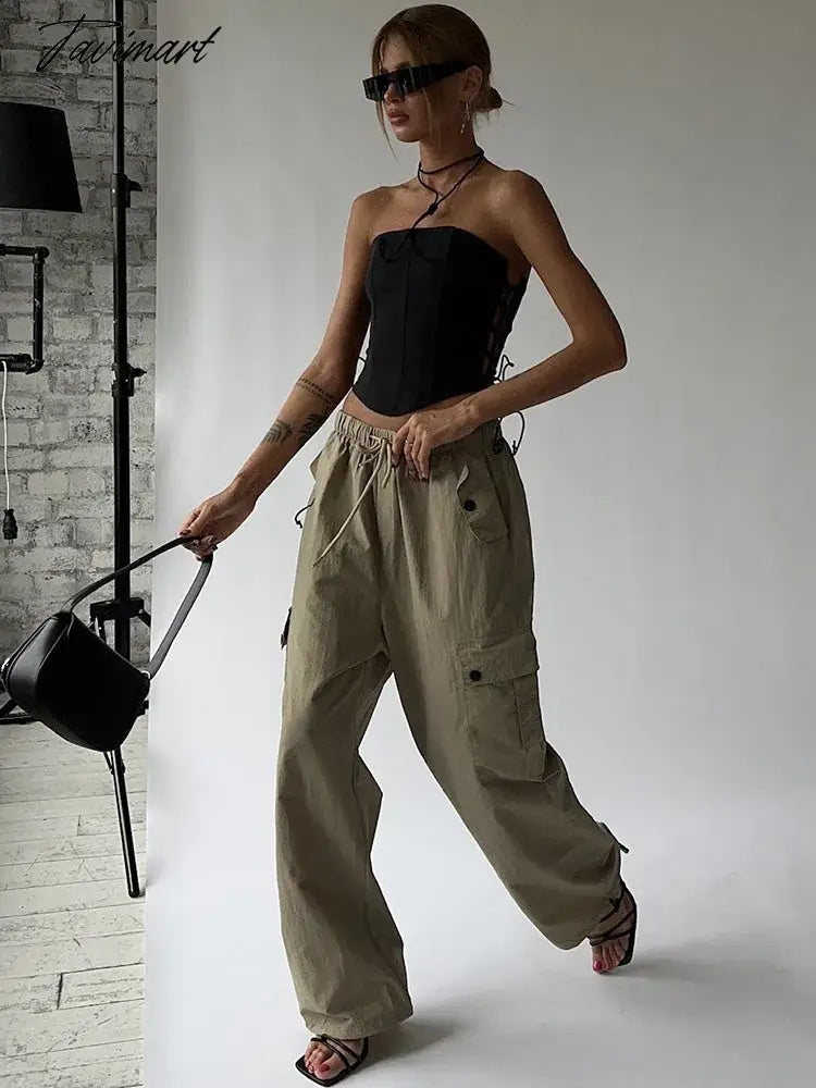 Lace Up Cargo Pants Women Summer High Waist Loose Solid Long Pant Femme Streetwear Casual Baggy Bottoms Women's Clothing