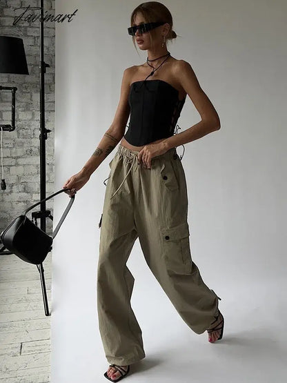 Lace Up Cargo Pants Women Summer High Waist Loose Solid Long Pant Femme Streetwear Casual Baggy Bottoms Women's Clothing