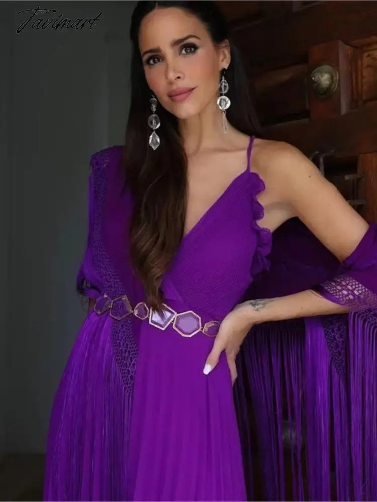 Lace Up Ruffles Pleated Backless Dress Woman Purple Slip Long Dress Women Sexy Summer Ruched Elegant Party Dresses Women