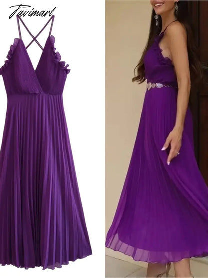Lace Up Ruffles Pleated Backless Dress Woman Purple Slip Long Dress Women Sexy Summer Ruched Elegant Party Dresses Women