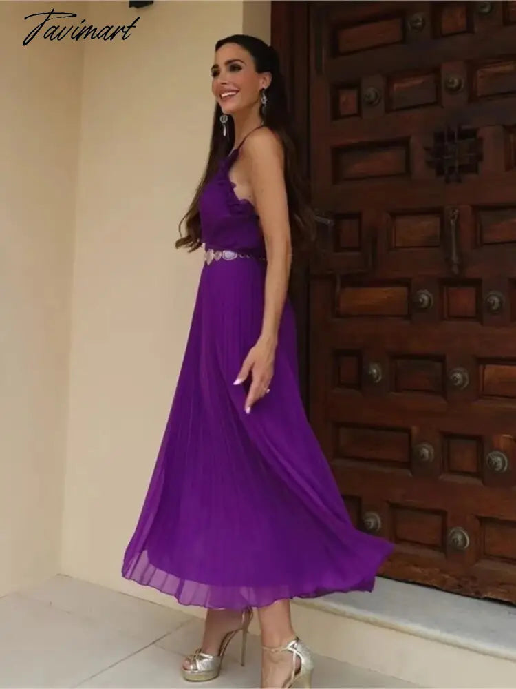 Lace Up Ruffles Pleated Backless Dress Woman Purple Slip Long Dress Women Sexy Summer Ruched Elegant Party Dresses Women